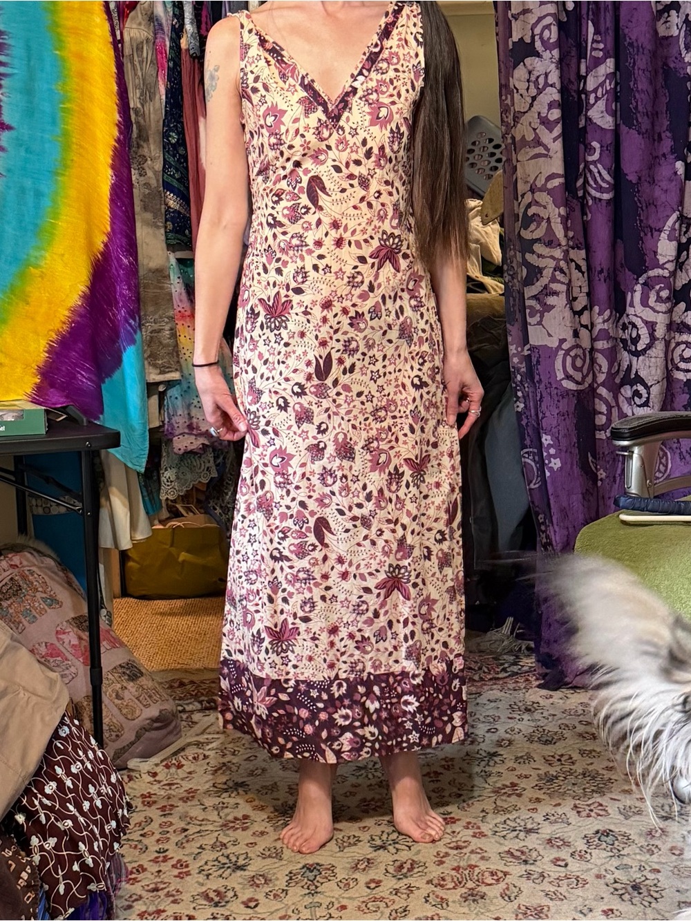 Vintage Floral Maxi Slip Dress in Cream and Burgundy
